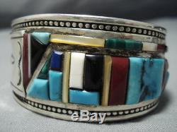 Museum Vintage Navajo Turquoise Coral Sterling Silver Inlay Bracelet Old