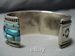 Museum Vintage Navajo Turquoise Coral Sterling Silver Inlay Bracelet Old