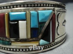 Museum Vintage Navajo Turquoise Coral Sterling Silver Inlay Bracelet Old