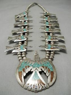 Museum Vintage Navajo Turquoise Coral Sterling Silver Squash Blossom Necklace