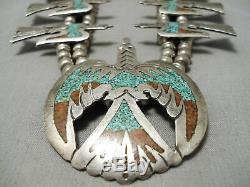 Museum Vintage Navajo Turquoise Coral Sterling Silver Squash Blossom Necklace