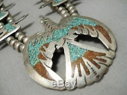 Museum Vintage Navajo Turquoise Coral Sterling Silver Squash Blossom Necklace
