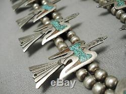 Museum Vintage Navajo Turquoise Coral Sterling Silver Squash Blossom Necklace
