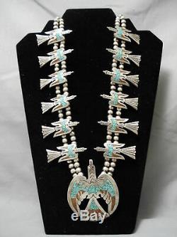 Museum Vintage Navajo Turquoise Coral Sterling Silver Squash Blossom Necklace