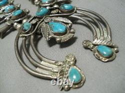 Museum Vintage Navajo Turquoise Leaf Sterling Silver Squash Blossom Necklace Old