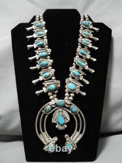 Museum Vintage Navajo Turquoise Leaf Sterling Silver Squash Blossom Necklace Old