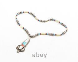 NAVAJO 925 Silver Vintage Mother Of Pearl & Turquoise Beaded Necklace NE2185