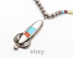 NAVAJO 925 Silver Vintage Mother Of Pearl & Turquoise Beaded Necklace NE2185