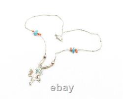 NAVAJO 925 Silver Vintage Turquoise & Coral Beaded Bird Chain Necklace- NE2184
