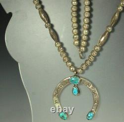 NAVAJO STERLING NAJA Necklace 26.5 1920s TURQUOISE Bench Pearls & Melons SIGNED