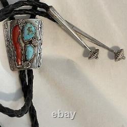 NAVAJO Sterling Silver LARGE BOLO TIE PENDANT Branch Coral TURQUOISE VTG