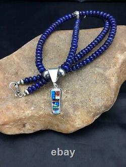 NAVAJO Sterling Silver Necklace Lapis Opal Pendant Set 22in 2907