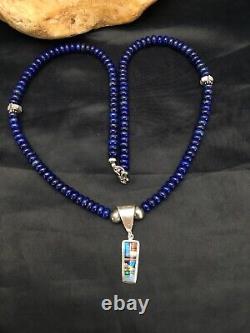 NAVAJO Sterling Silver Necklace Lapis Opal Pendant Set 22in 2907