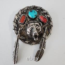 NAVAJO VINTAGE STERLING JEWELLERY TURQUOISE and CORAL PENDANT BY JEAN DIXON