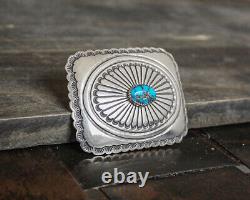 NAVAJO-VINTAGE STERLING SILVER & NATURAL TURQUOISE BELT BUCKLE by EDISON SMITH