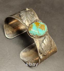 NAVAJO Vintage Kingman Turquoise Patina Sterling Leaf Cuff Bracelet 50gr Sz 7