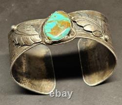 NAVAJO Vintage Kingman Turquoise Patina Sterling Leaf Cuff Bracelet 50gr Sz 7