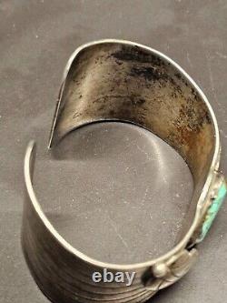 NAVAJO Vintage Kingman Turquoise Patina Sterling Leaf Cuff Bracelet 50gr Sz 7