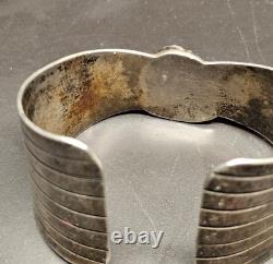 NAVAJO Vintage Kingman Turquoise Patina Sterling Leaf Cuff Bracelet 50gr Sz 7