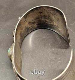 NAVAJO Vintage Kingman Turquoise Patina Sterling Leaf Cuff Bracelet 50gr Sz 7