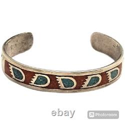 NOTEWORTHY VINTAGE NAVAJO INLAY TURQUOISE CORAL STERLING SILVER Bracelet