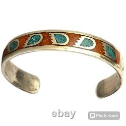 NOTEWORTHY VINTAGE NAVAJO INLAY TURQUOISE CORAL STERLING SILVER Bracelet