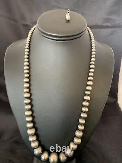 Native Amer Navajo Pearls Grad Sterling Silver Round Seamless Bead Necklace 22