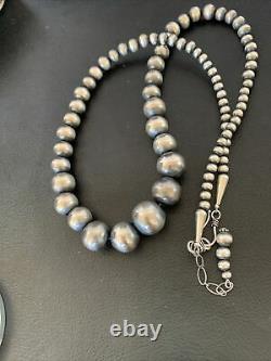 Native Amer Navajo Pearls Grad Sterling Silver Round Seamless Bead Necklace 22