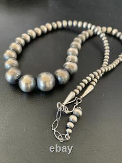 Native Amer Navajo Pearls Grad Sterling Silver Round Seamless Bead Necklace 22