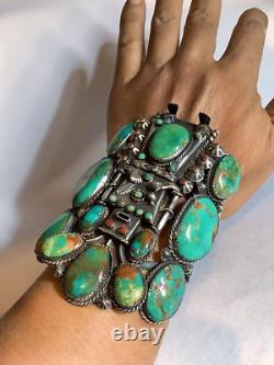 Native American Hand Made Kachina Design Sterling Silver Turquoise Bracelet Cuff
