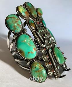 Native American Hand Made Kachina Design Sterling Silver Turquoise Bracelet Cuff