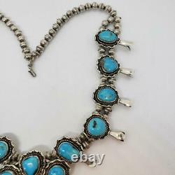 Native American Navajo Vintage Squash Blossom Sterling Silver Turquoise Necklace