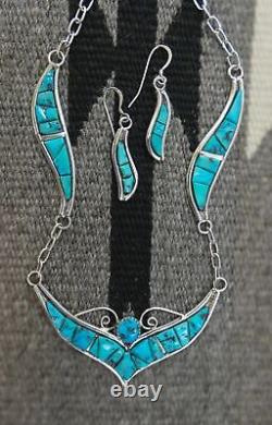 Native American Navajo Vintage Turquoise Inlay Sterling Silver Necklace Set