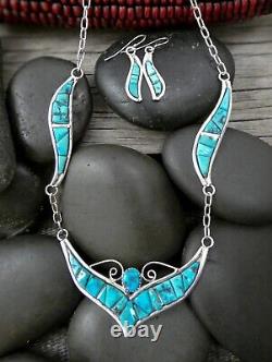 Native American Navajo Vintage Turquoise Inlay Sterling Silver Necklace Set