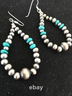 Native American Sterling Silver Navajo Pearls Turquoise Bead Earrings Gift 2030