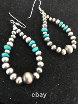 Native American Sterling Silver Navajo Pearls Turquoise Bead Earrings Gift 2030
