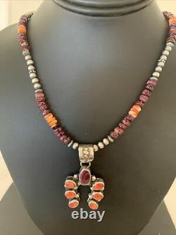 Native Navajo Sterling Silver Necklace Purple Spiny Oyster Pendant Naja 01768