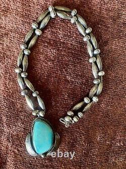 Navajo Bizbee Turquoise WithSterling Silver Feather Setting Necklace Vintage 1970s