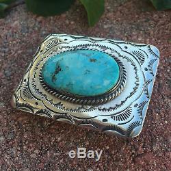 Navajo Blue Turquoise and Sterling Silver Signed Belt Buckle Vintage Buckle