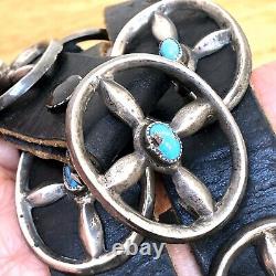Navajo Concho Belt Turquoise Sterling Silver VTG 205g 1in Wide Signed NC Narrow