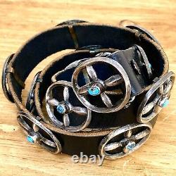 Navajo Concho Belt Turquoise Sterling Silver VTG 205g 1in Wide Signed NC Narrow