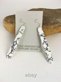 Navajo Indian Sterling Silver Stabilized White Buffalo Long Earrings 3 8879