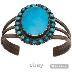 Navajo Joe Lee Gray Vintage Sterling Silver Blue Gem Nevada Turquoise Bracelet