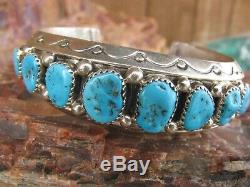 Navajo Kingman Turquoise Vintage Pawn 8 Row Sterling Silver Bracelet Cuff SC