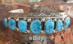 Navajo Kingman Turquoise Vintage Pawn 8 Row Sterling Silver Bracelet Cuff SC