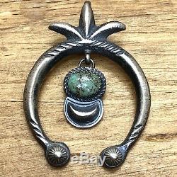 Navajo Naja Pendant Kingman Turquoise Sterling Handmade Signed Vintage Satin