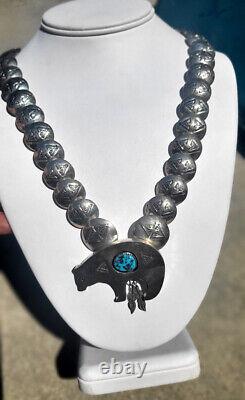 Navajo Pearls And Bear Vintage Sterling And Turquoise 22-24 Inch Necklace