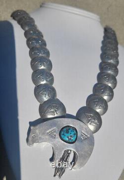 Navajo Pearls And Bear Vintage Sterling And Turquoise 22-24 Inch Necklace