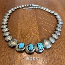 Navajo Pillow Beads Sterling Silver Turquoise Shadowbox Vintage 25 Necklace 68g