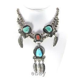 Navajo Squash Blossum Turquoise Coral Silver Necklace Vintage Native American